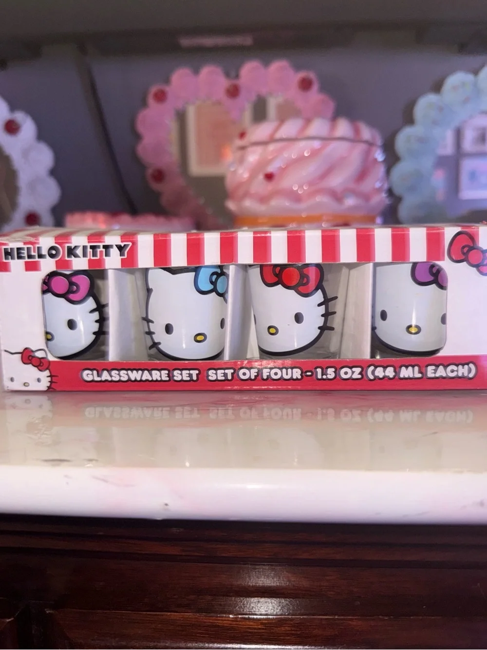 Hello Kitty Shot Glass Set of 4 - Cute White Face Design with Multi Colored Bows